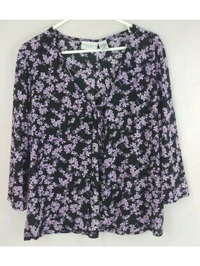 Jaclyn Smith 3/4 Sleeve Sheer Open Front Black Blouse With Purple Flowers Sz L